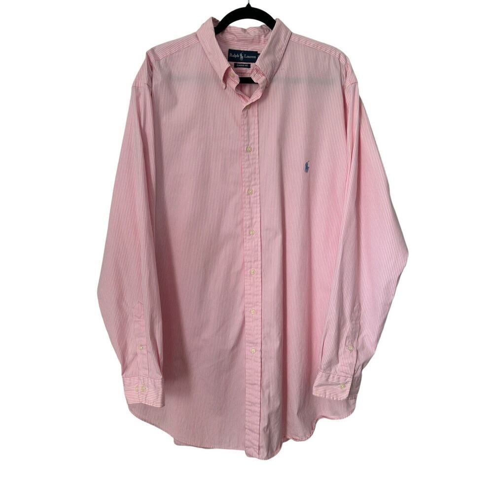 Ralph Lauren Shirt Men's Size 17.5 36/37 Tall‎ Pink White Striped Button Front